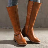 Gisela | Damen Kniehohe Stiefel Schwarz mit Schnalle – Hellbraun