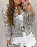 Frieda | Damen Glitzernde Offene Winterjacke – Silber