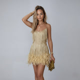 Sandra | Damen Mini Partykleid Mit Fransen Und Federn – Gold