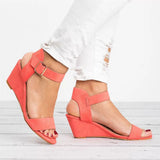 Greta | Damen Keilsandalen mit Knöchelriemen – Dunkelrosa