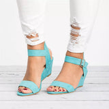 Greta | Damen Keilsandalen mit Knöchelriemen – Hellblau