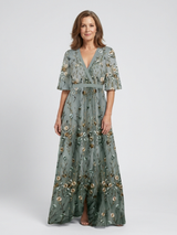 Damen Langes Florales V-Ausschnitt Maxikleid – Elegantes Sommerkleid – Grün