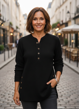 Gunnhild | Damen Pullover Tunika Langarm Henley – Schwarz