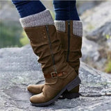 Gunnora | Damen Kniehohe Stiefel mit Strickschaft – Braun