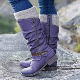 Gunnora | Damen Kniehohe Stiefel mit Strickschaft – Lila
