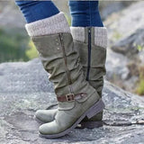 Gunnora | Damen Kniehohe Stiefel mit Strickschaft – Grau