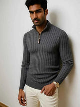 Halber Reißverschluss Strickpullover Herren – Grau