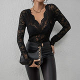 Elegantes Spitzen-Kleid Damen Langarm V-Ausschnitt – Schwarz