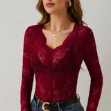Elegantes Spitzen-Kleid Damen Langarm V-Ausschnitt – Rouge Foncé