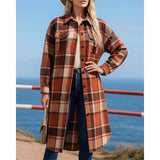 Damen Longline-Mantel mit Karomuster, Knöpfen und Taschen – Rot