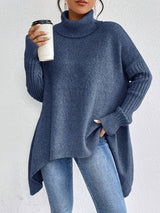 Hedrun | Damen Rollkragenpullover Oversize Strickpullover – Meerblau