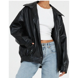 Heidi | Oversized Kunstlederjacke mit Reißverschluss – Schwarz