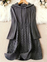 Helwina | Damen Strickkleid mit Kapuze Grobstrick – Grau