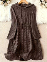 Helwina | Damen Strickkleid mit Kapuze Grobstrick – Braun