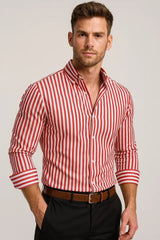 Herren Hemd Gestreift Langarm Elegant – Rot