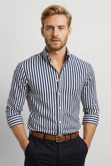 Herren Hemd Gestreift Langarm Elegant – Marineblau