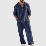 Andreas | Herren Kapuzen-Henley Leinen Set Relaxed-Fit Loungewear – Blau