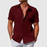 Moritz | Herren Kurzarm Leinen Hemd Knopfverschluss Regular-Fit – Dunkelrot