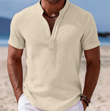 Moritz | Herren Kurzarm Leinenhemd mit Stehkragen Knopfleiste – Beige