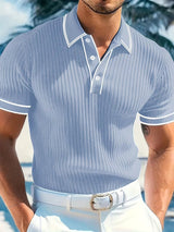 Matthias | Herren Kurzarm-Poloshirt Feinstrick Kontraststreifen Slim-Fit – Blau