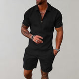 Andreas | Herren Kurzarm-Poloshirt Shorts Set strukturiert Reißverschluss – Schwarz