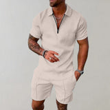 Andreas | Herren Kurzarm-Poloshirt Shorts Set strukturiert Reißverschluss – Beige