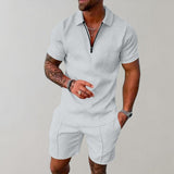 Andreas | Herren Kurzarm-Poloshirt Shorts Set strukturiert Reißverschluss – Weiß
