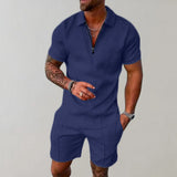Andreas | Herren Kurzarm-Poloshirt Shorts Set strukturiert Reißverschluss – Marineblau