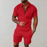 Andreas | Herren Kurzarm-Poloshirt Shorts Set strukturiert Reißverschluss – Rot