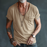 Herren Kurzarm T-Shirt mit V-Ausschnitt und Brusttasche – Khaki