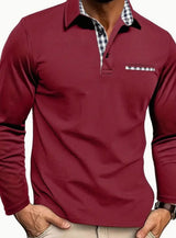 Simon | Herren Langarm Polo-Shirt Klassischer Karo-Kragen Winter – Bordeauxrot