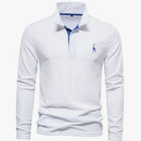 Niklas | Herren Langarm-Poloshirt mit Knöpfen schlanker Schnitt Giraffenstickerei – Weiß