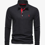 Niklas | Herren Langarm-Poloshirt mit Knöpfen schlanker Schnitt Giraffenstickerei – Schwarz-Rot