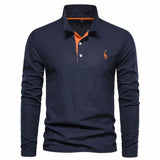 Niklas | Herren Langarm-Poloshirt mit Knöpfen schlanker Schnitt Giraffenstickerei – Marineblau-Orange