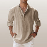 Elias | Herren Leinen Hemd Langarm Grandad Kragen – Khaki