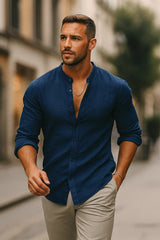 Fabian | Herren Leinen Langarm Grandad-Kragen Freizeithemd – Blau