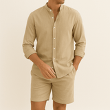Herren Leinenlook Set Hemd Shorts – Khaki