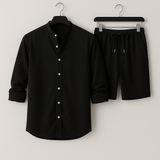 Herren Leinenlook Set Hemd Shorts – Schwarz