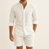 Herren Leinenlook Set Hemd Shorts – Weiß