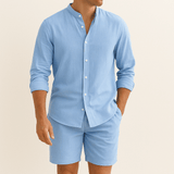 Herren Leinenlook Set Hemd Shorts – Blau