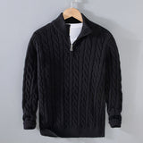 Simon | Herren Pullover Strick Halbzip Zopfmuster Baumwollmischung – Schwarz