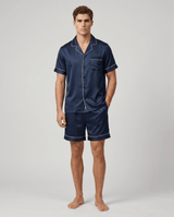 Herren Schlafanzug kurz gemustert mit Hemd und Shorts – Dunkelblau