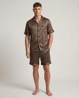 Herren Schlafanzug kurz gemustert mit Hemd und Shorts – Champagner Streifen