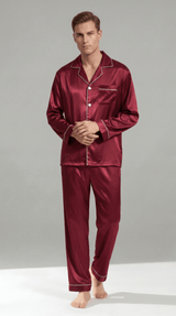 Herren Schlafanzug Set lang mit Hemd und Hose – Weinrot