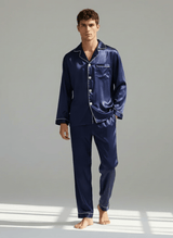 Herren Schlafanzug Set lang mit Hemd und Hose – Marineblau