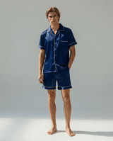 Herren Sommer Schlafanzug mit Hemd und Shorts – Blau