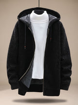 Tobias | Herren Strickjacke mit Kapuze Reißverschluss Fleecefutter Waffelmuster – Schwarz