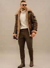 Maximilian | Herren Winterjacke gefüttert Kunstfell Leder-Optik Fliegerjacke – Dunkelbraun