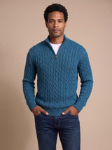 Florian | Herren Zopfstrick-Troyer Pullover mit Reißverschlusskragen – Blau