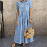 Elizabeth | Damen Maxikleid mit kurzen Ärmeln und Taschen – Himmelblau